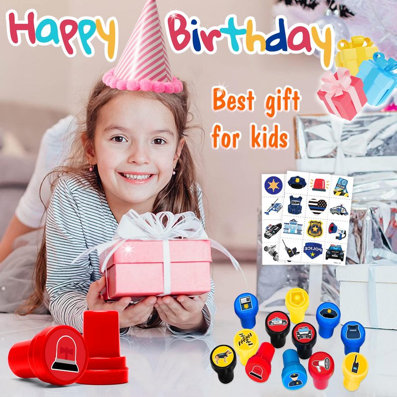 36PCS Police Party Favors - 24PCS Pre-Cut Temporary Tattoos & 12PCS Stamps - Ideal Police Officers Cops Themed Birthday Card Decorations Supplies Goodie Bag Kids Gifts Classroom Rewards Prizes