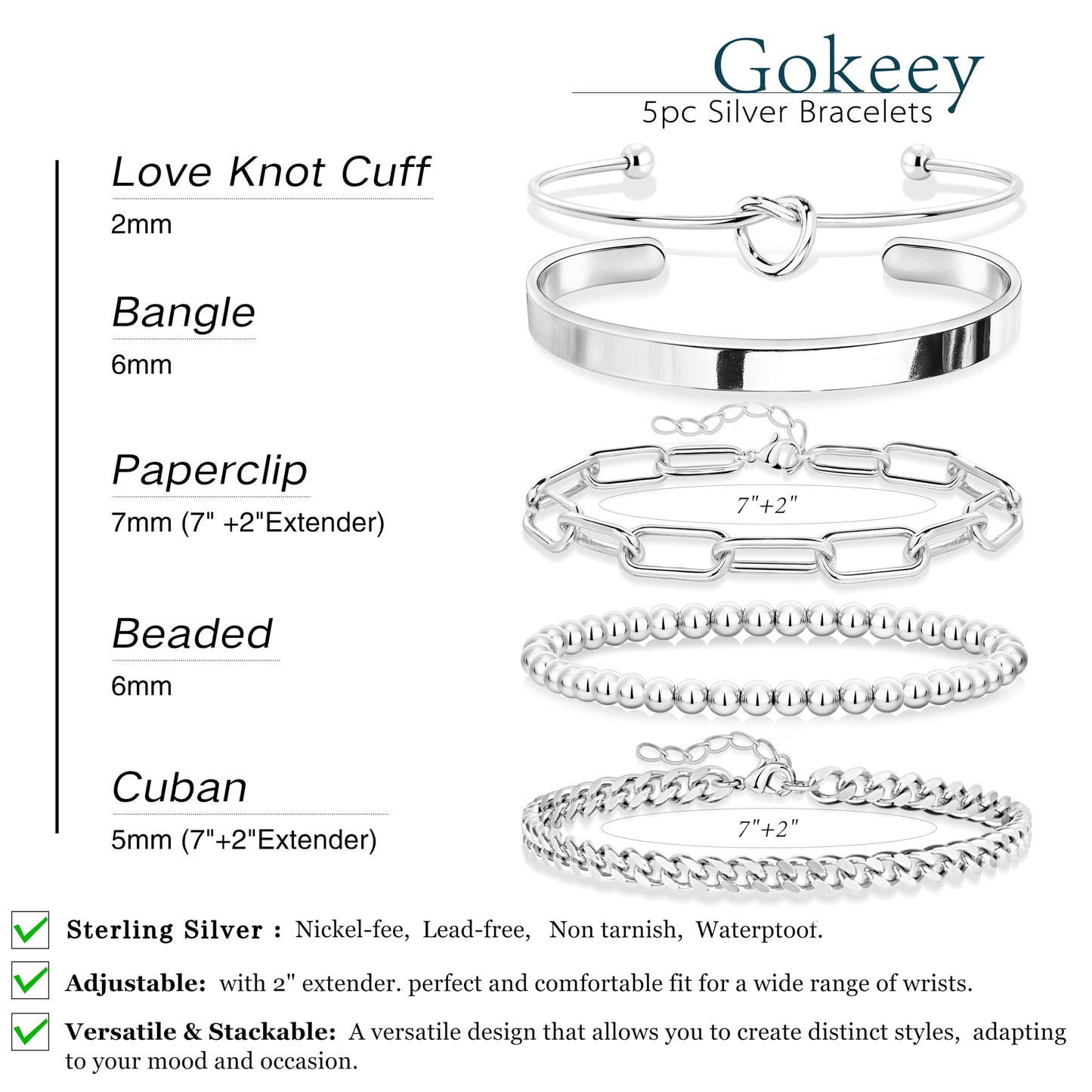 Gokeey Silver Bracelets for Women Non Tarnish Waterproof Silver Plated Bracelets Stack Dainty Chunky Bangle Cuff Love Knot Paperclip Bead Cuban Layered Chain for Jewelry Gifts