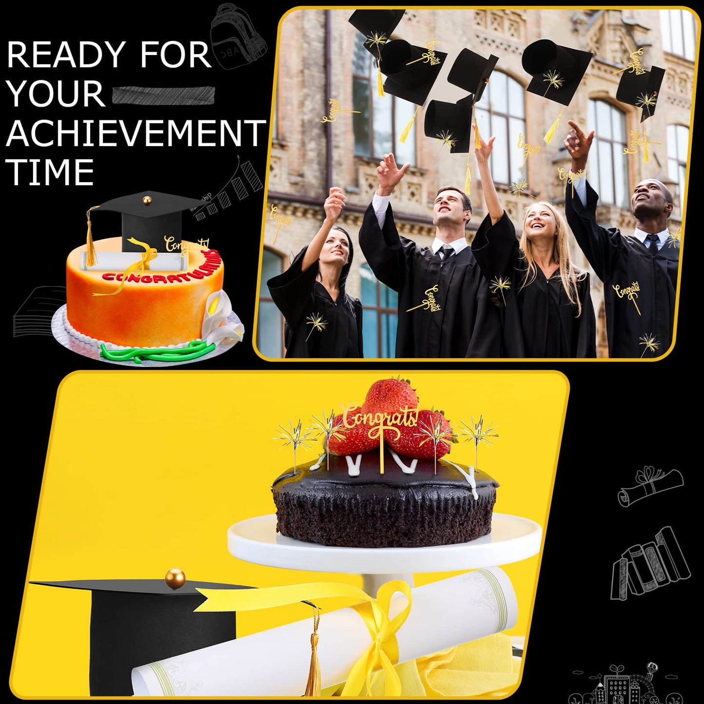 7 Pieces Graduation Cap Cake Topper Decorations Kit with Paper Diploma Congrats Cupcake Toppers Firework Food Topper for Graduation Party Cake Decoration Supply