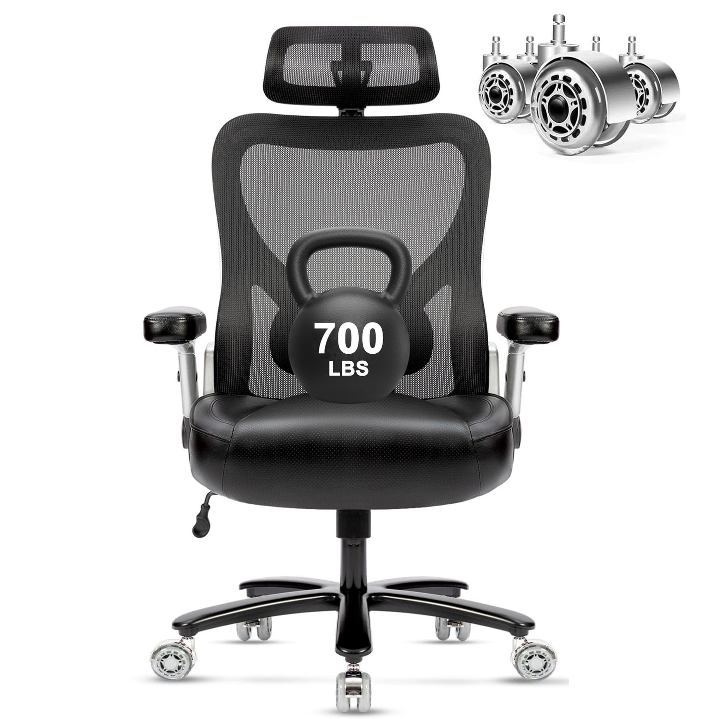 Super Big and Tall Office Chair 700lbs- Heavy Duty Executive Computer Chair with Rubber Wheels 3D Flip Arms, Ergonomic Mesh High Back Desk Chair, Extra Wide Seat Adjustable Lumbar Support&Headrest