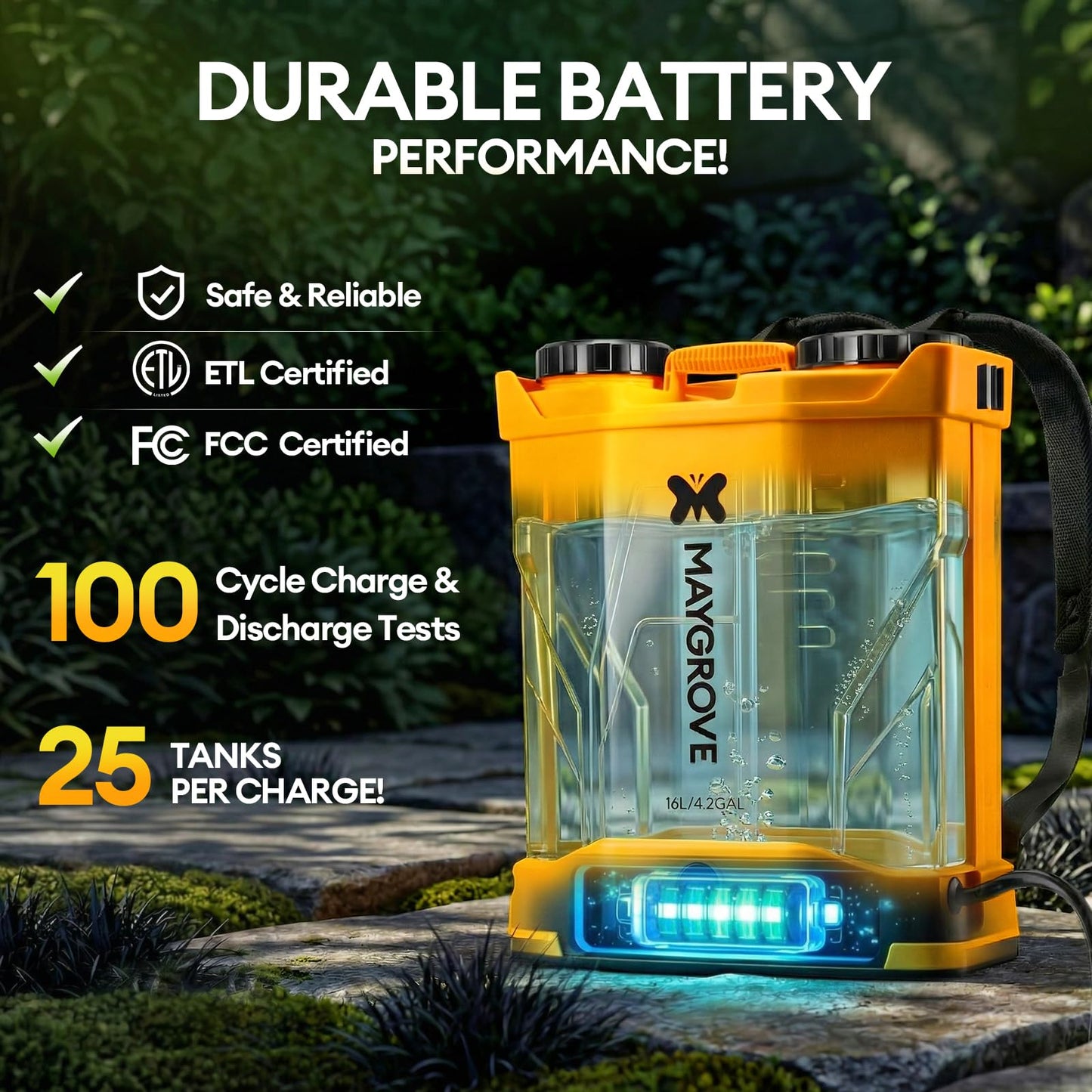 MAYGROVE 4.2 Gal Electric Backpack Sprayer, 2-4h of Continuous Spray, Equipped with Adjustable Wand & 5 Nozzles, Auto Spraying for Garden, Lawn Care, Fertilizing & Weed Control (Battery Included)