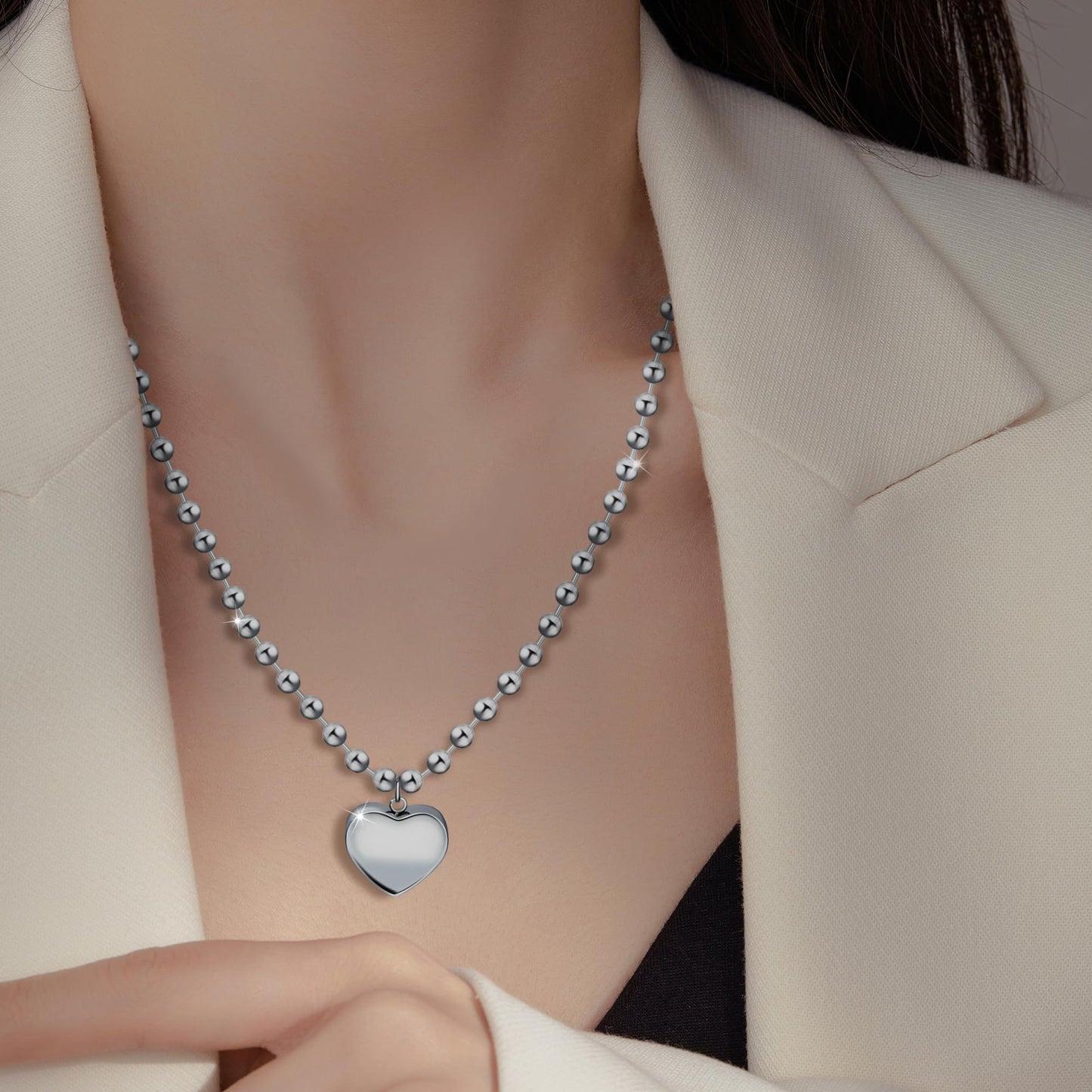 BONJOULRY Titanium Heart Necklace Silver, Chunky Heart Necklace for Women Titanium Steel Chunky Heart Necklaces Ball Beaded Chain Hypoallergenic Silver Charm Necklace Jewelry Gift for Women