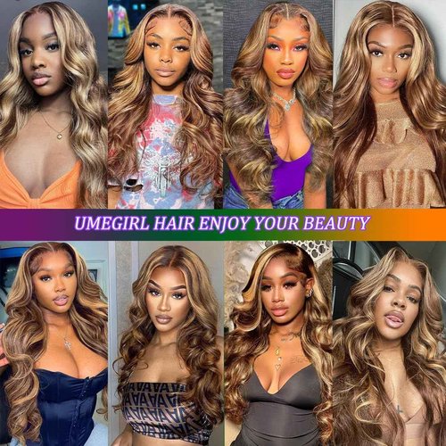 UMEGIRL 22 Inch 5x5 HD Lace Closure Wigs Human Hair Body Wave Wear and Go Glueless Wigs Pre Plucked Pre Cut P4/27 Honey Blonde Highlight Ombre Lace Front Wig Human Hair Wig 180% Density