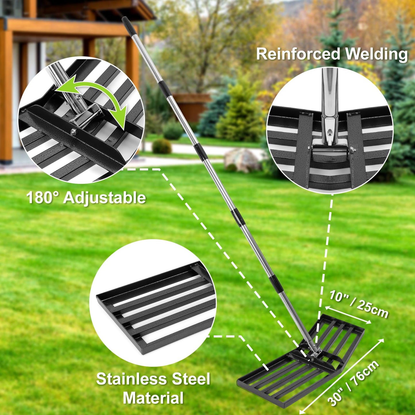 Upgraded Lawn Leveling Rake, 30"x10" Stainless Steel Yard Leveling Rake, 70" Adjustable Handle, Sand Leveling Rakes for Soil, Ground Leveler for Yard, Garden, Farm, Pasture