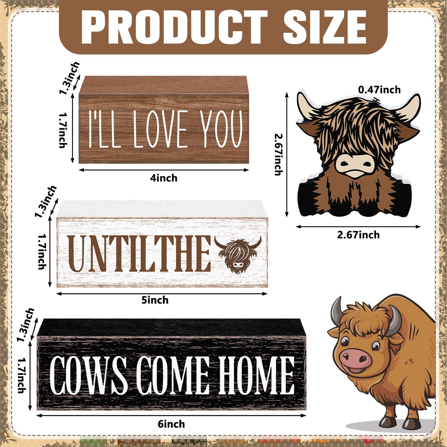 Marsui 4 Pcs Highland Cow Table Decorations Cow Wooden Signs Rustic Cow Tiered Tray Decor Western Tabletop Centerpieces Farmhouse Distressed Highland Cow Decor for Home Desk Room Kitchen Shelf Decor