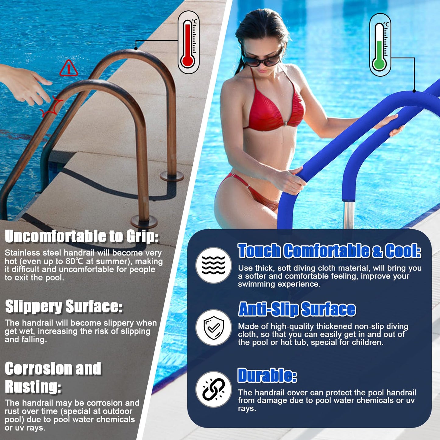 KETNET Pool Handrail Covers with Zippers for Inground Swimming Pools Hand Rail Cover, 4-10 ft Non Slip Cool Touch Heat Resistant, Blue, Anti-Slip Swim Pool Railing Ladder Handle Grip 6 Feet 1 Pack