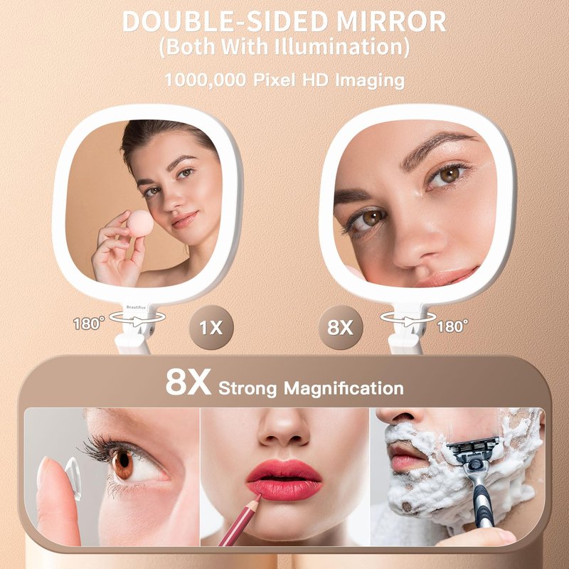 Beautifive 6.3" Makeup Mirror, 1X/8X Magnification, 3 Light Modes, Plug-in or Battery Operated Double-Sided Lighted Vanity Mirror, Adjustable Height Stand for Home, Women