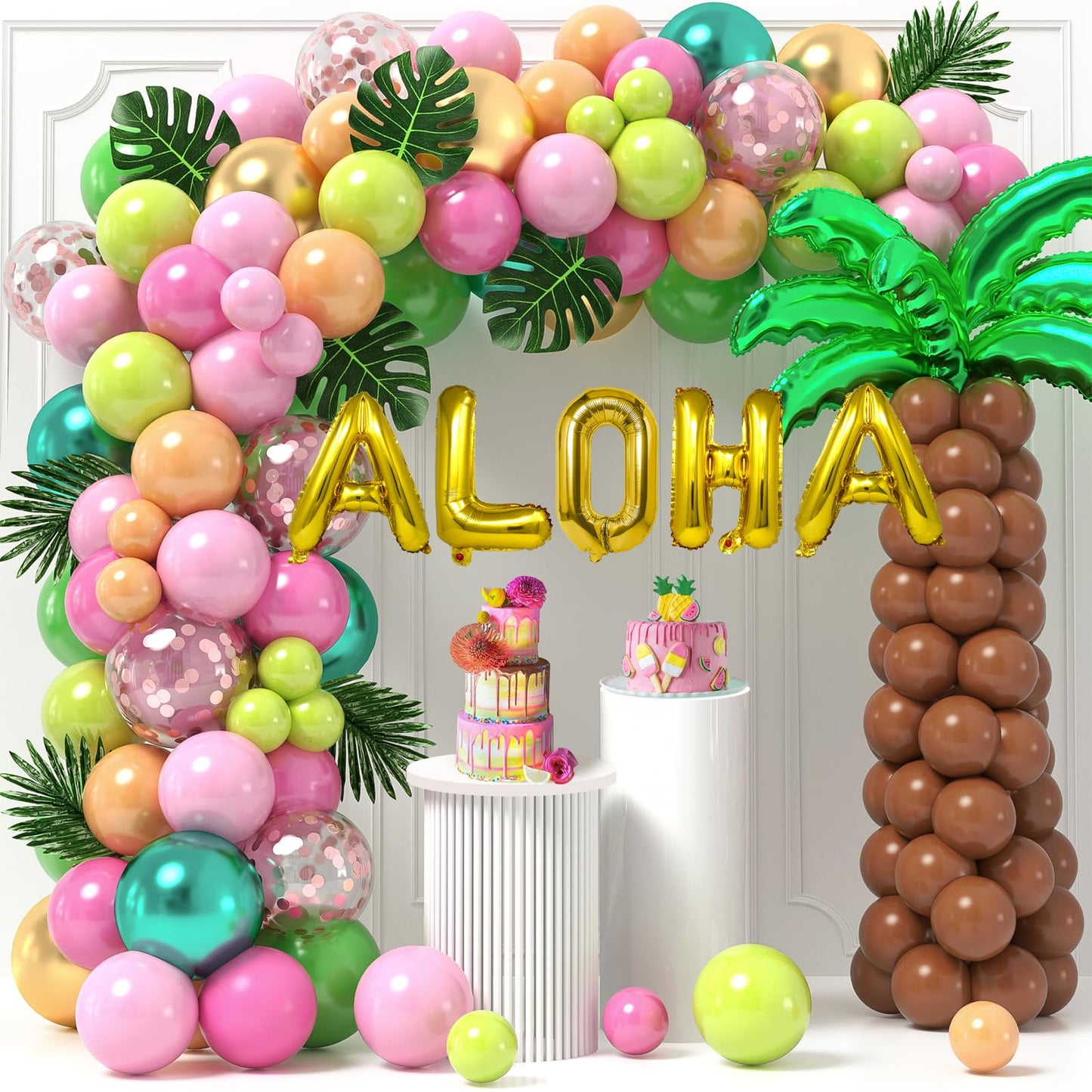 SNLN 178Pcs Tropical Luau Balloons Arch Garland Kit Hawaiian Party Decorations with Coconut Balloon Tree, Aloha Foil Balloons, Palm Leaves, Kids Adult Summer Beach Pool Luau Birthday Party Decorations