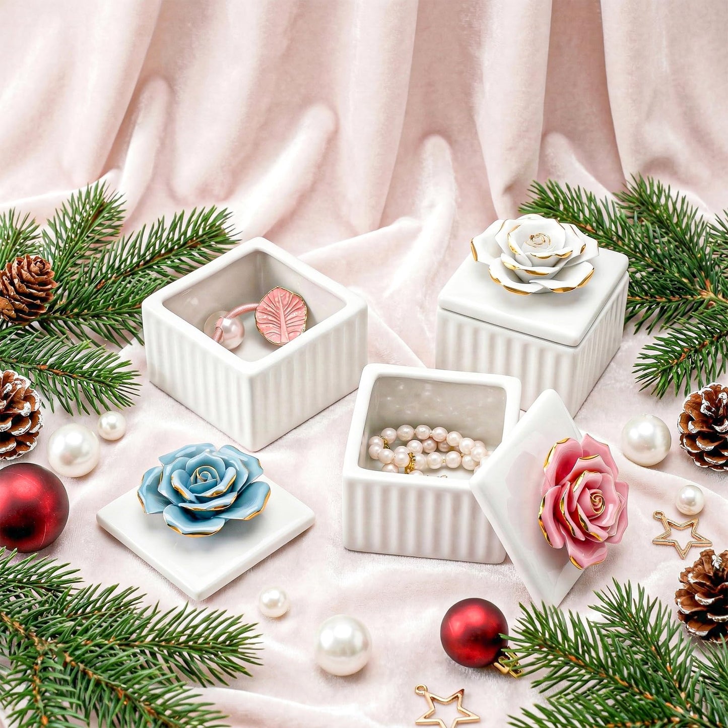 ZOOFOX 3 Pack Vintage Jewelry Box, Small Elegant Embossed Jewelry Holder with Lid and Rose-Shaped Knob, Ceramic Trinket Organizer for Women, Ring, Earrings, Necklace