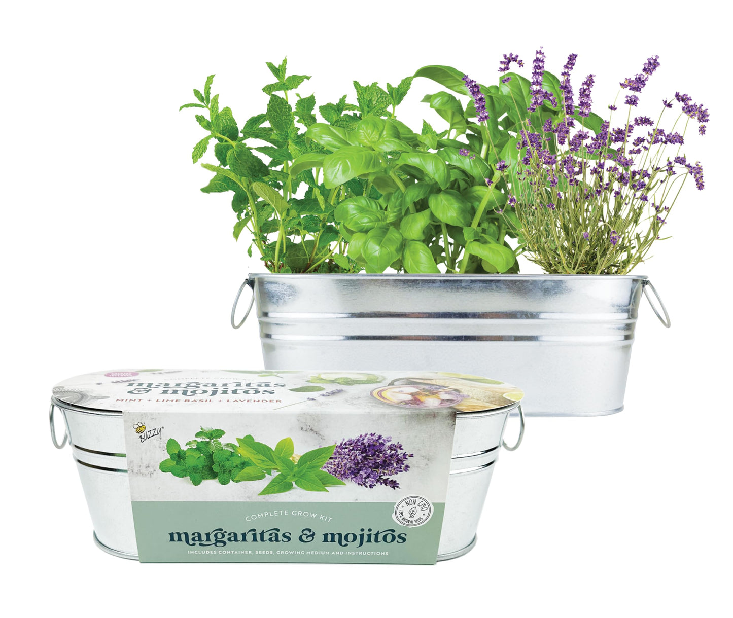 BUZZY Seeds Margarita and Mojito Windowsill Mini Garden Grow Kit, Herb Starter Set with Mint, Lime Basil and Lavender Seeds, Grow Your Own Herbs Indoors, Gardening Gift, Holiday Present