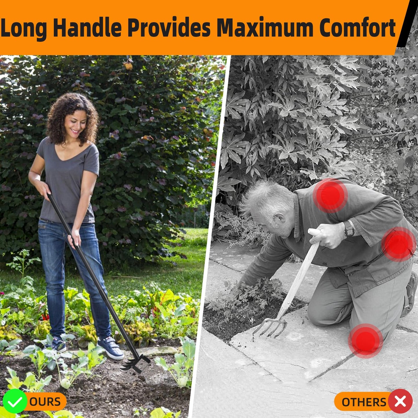 Weed Puller with 62.6” Adjustable Long Handle, Heavy Duty Stirrup Hoe, 4 Tines 2 in 1 Garden Cultivator for Weeding and Soil Loosening, Black