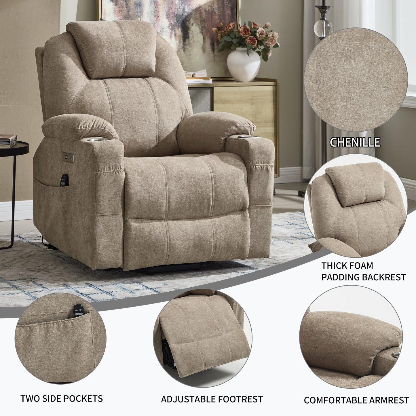 KEIKI Power Lift Recliner Chair with Massage and Heat, Electric Lift Assist, 8 Vibration Modes, Lumbar Heat Therapy, for Senior Living Room, Home Theater, Brown Polyester