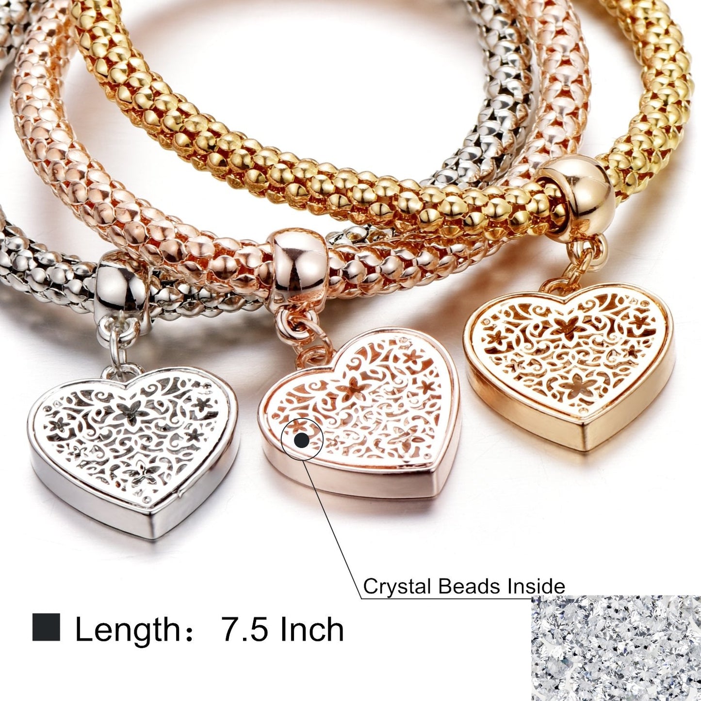 SILANER Crystal Charms Multilayer Bracelets - 3PCS Gold/Silver/Rose Gold Corn Chain Bracelet for Women, Tree of Life Heart Shaped Stretch Bracelet (Heart Charm Bracelets)