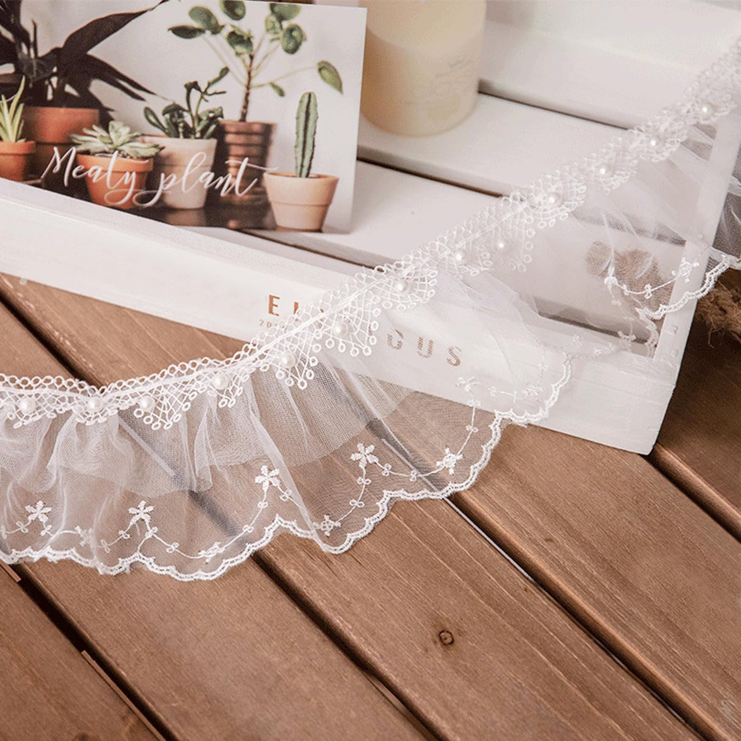 BETITETO 3 Yards White Ruffles Beads Lace Trim Pleated Pearl Organza Tulle Fabric Frills Ribbon for Sewing Clothing Curtains Wedding Decor Dress Designing and Crafts DIY (White-Off Only Style A)