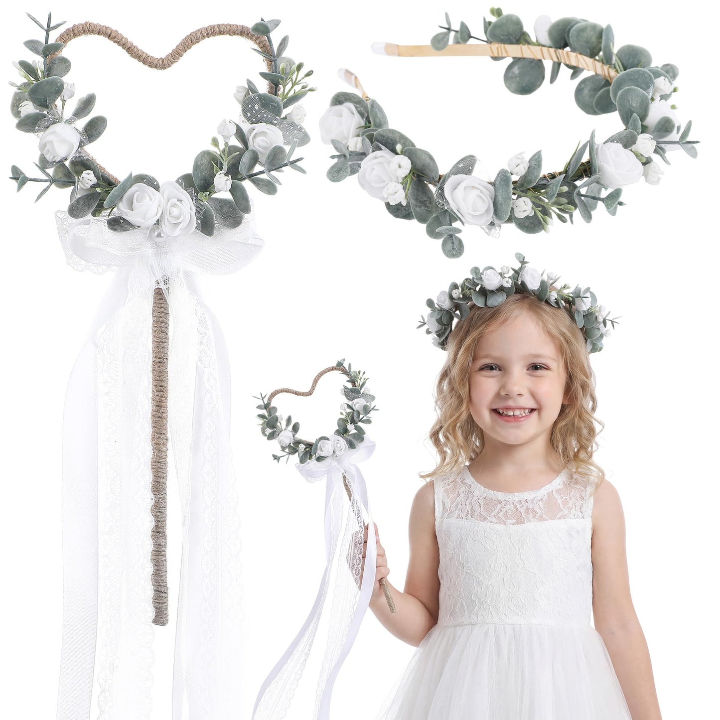 KorViSHOW White Flower Crown Headband, 2 PCS Artificial Rose Floral Headband with Boho Heart Floral Wand with Ribbon for Bride Fairy Woodland Wedding Vacation Birthday Party Hair Accessories