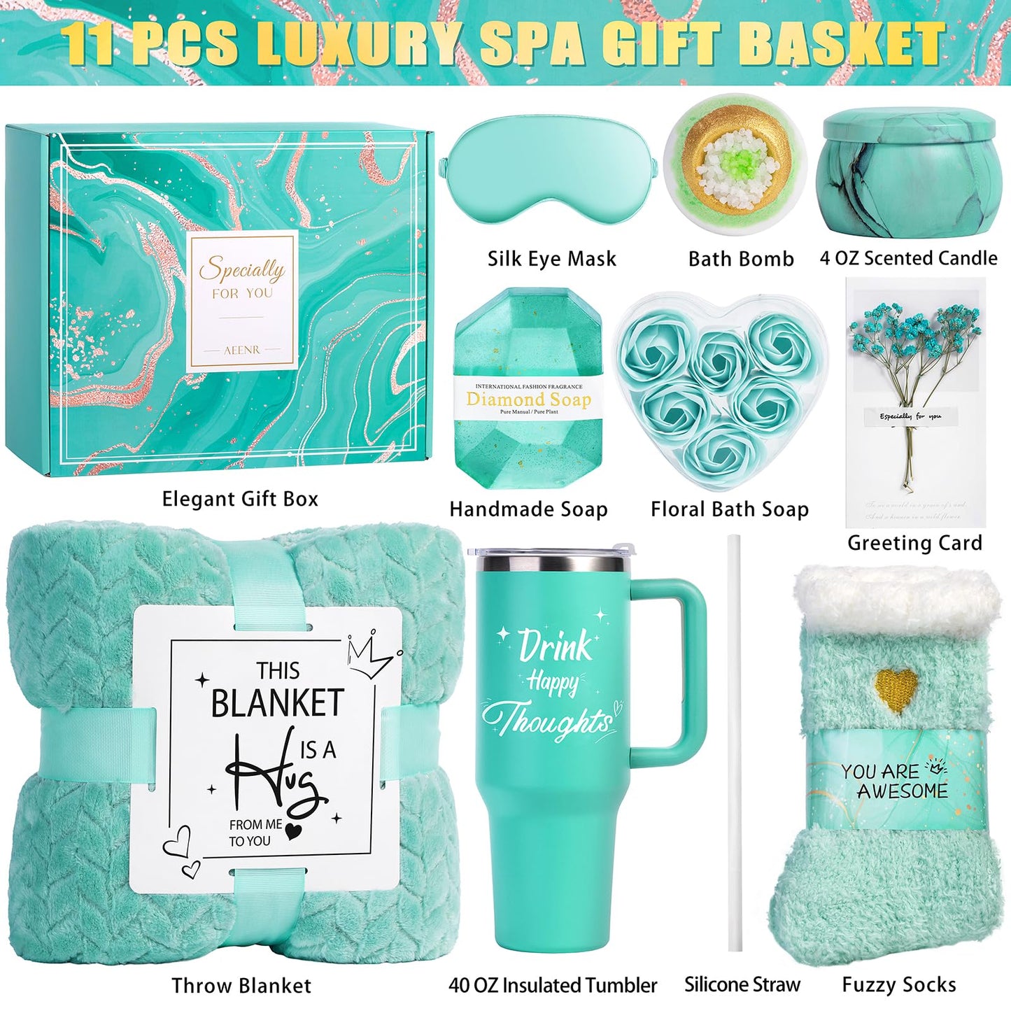 Birthday Gifts for Women, Mothers Day Spa Gifts for Mom from Daughter, Self Care Get Well Soon Gift Baskets for Her Sister Wife Girlfriend Ocean Relaxing Spa Care Package w/Blanket 40 OZ Tumbler