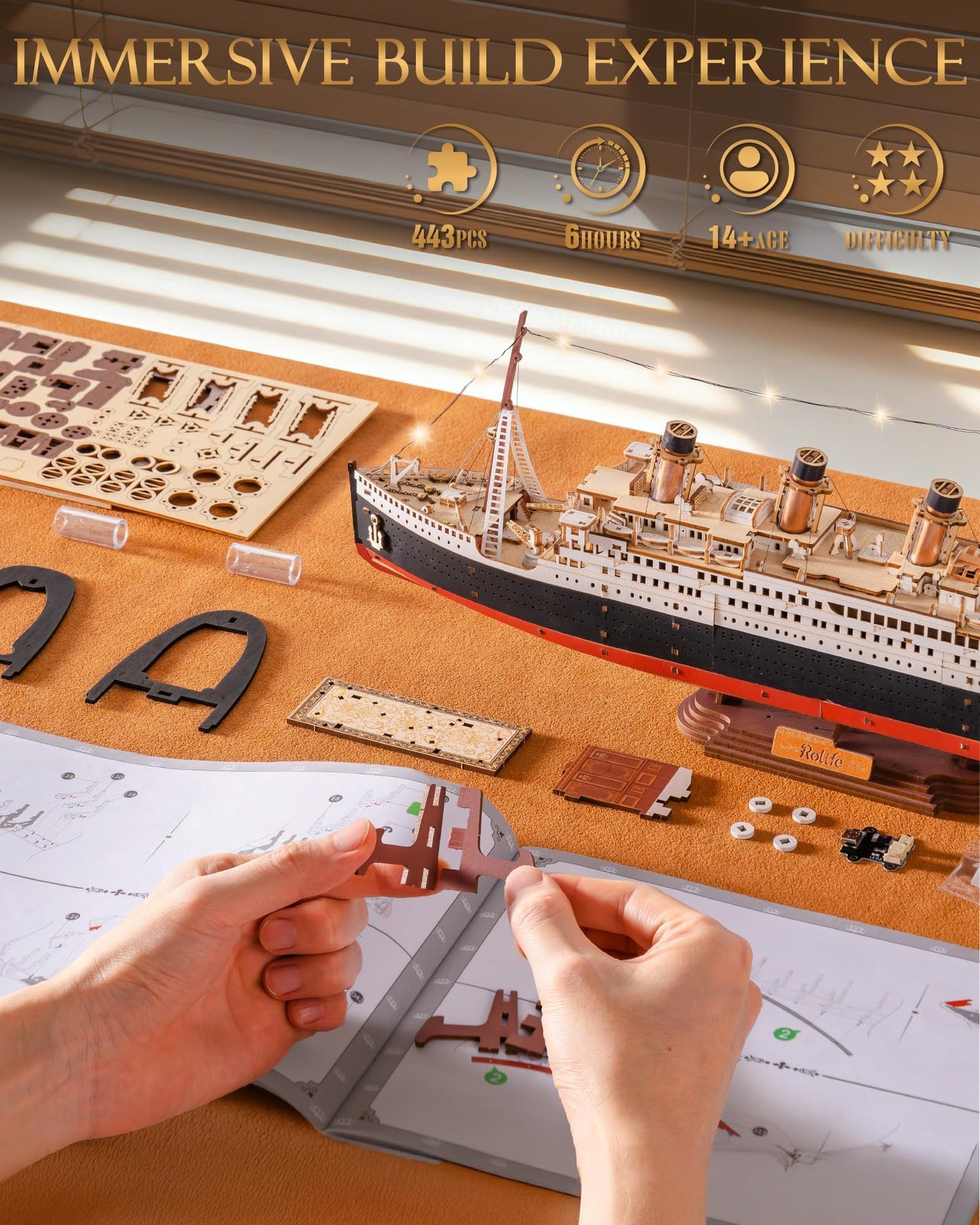 Rolife 3D Wooden Puzzles for Adults with LED Lights, 433 Pieces 19.5" Titanic Model Ship Kits for Adults, DIY Craft for Home Decor & Unique Birthday Valentine's Day Gift