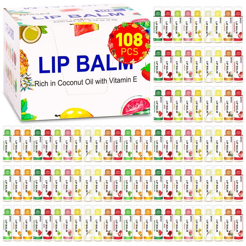 DMSKY Lip Balm 108 Pack, Natural Lip Balm Bulk with Vitamin E and Coconut Oil, Moisturizing Lip Care for Dry Chapped Lips, Mothers Day Gifts and Teacher Appreciation Gifts