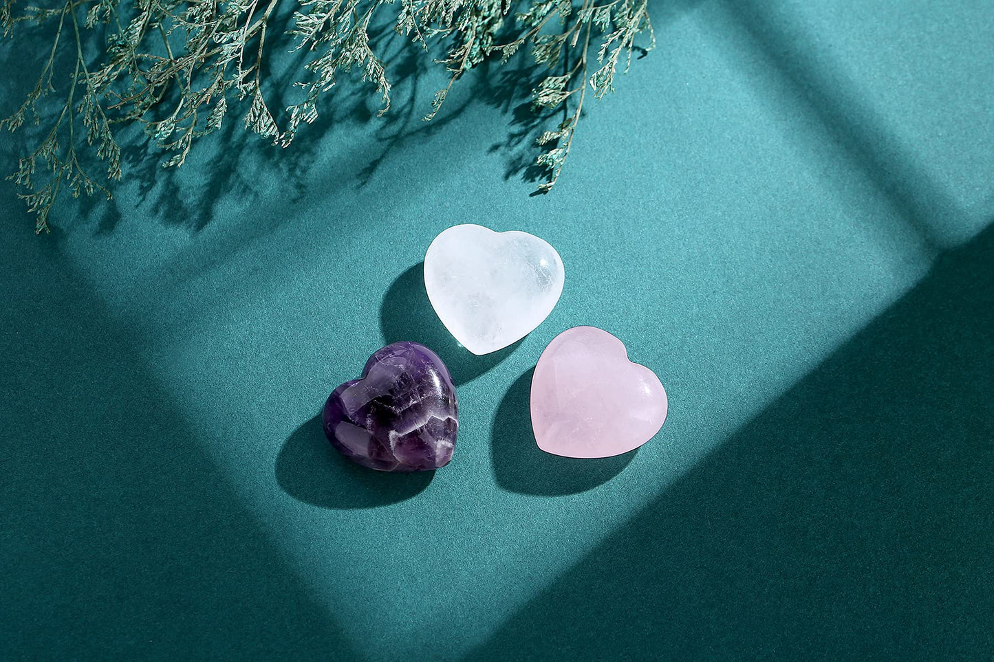 QINJIEJIE 1.2" Large Heart Crystals Rose Quartz Amethyst Healing Clear Crystal Heart Shape Love Stones Gemstones Stone Stocking Stuffers Polished Thumb Gemstones Therapy Energy Balancing Gifts 3 Pcs