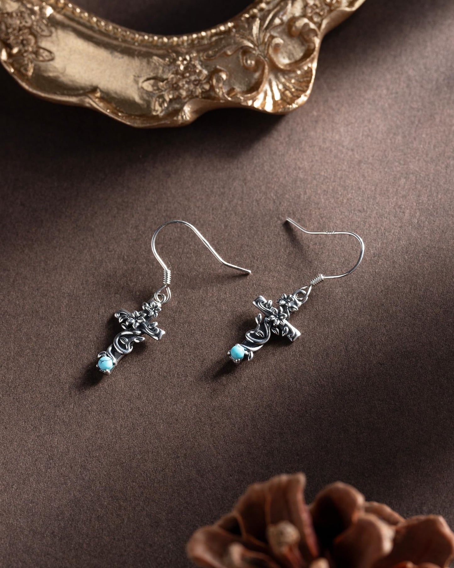 S925 Sterling Silver Turquoise Dragonfly Sunflower /Hummingbird/Butterfly/Cross/Anchor Earring Vintage Bohemian Jewelry Natural Drop/Stud Earrings Birthday Jewelry Gifts for Women (Teardrop Turquoise Cross Earrings)
