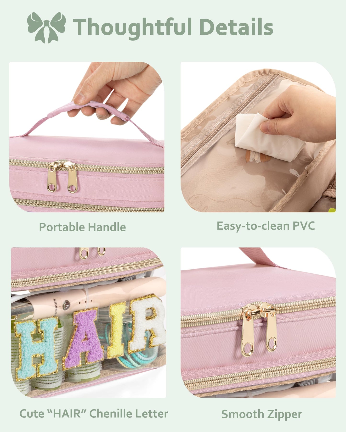 Fasrom Double Layer Hair Accessories Organizer, Preppy Patch Makeup Bag with HAIR Chenille Letter, Portable Travel Cosmetic Pouch Clear Toiletry Case for Women Girl, Pink(Bag Only, Patent Design)