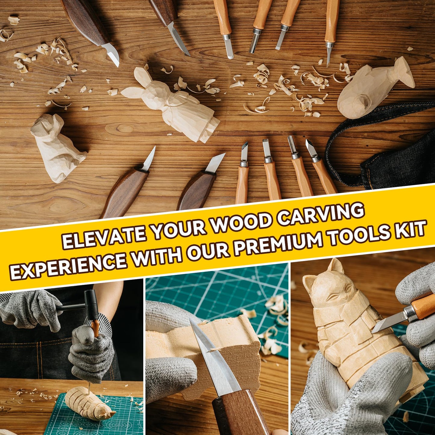 Wood Carving Kit, 33Pcs Wood Carving Tools Set with Thick Leather Storage Bag, Deluxe Wood Carving Set, 6 Wood Carving Knives 8 Chisels 6 Blocks Whittling Kit for Beginners Enthusiasts Kids Gift DIY