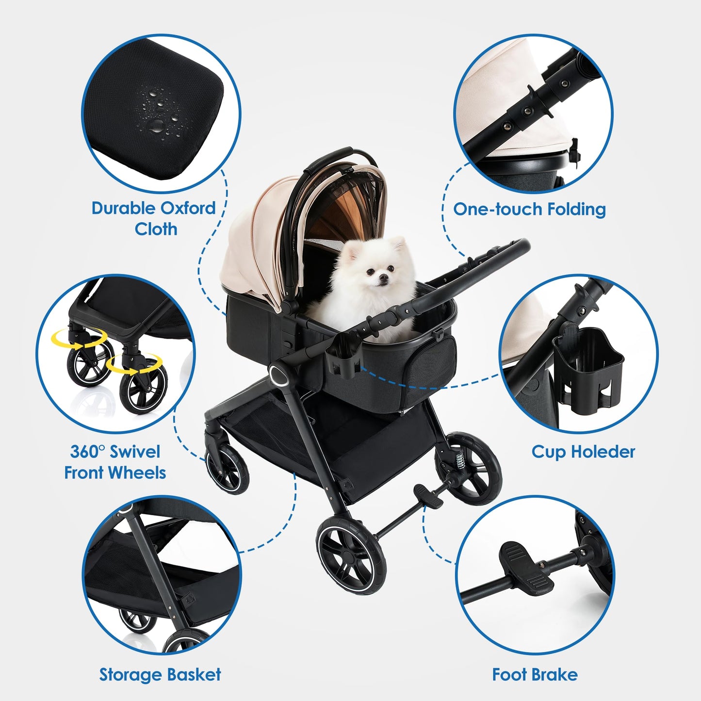 KAVELLIN Pet Stroller for Small Medium Dogs Cats Up to 50lbs, Dog Stroller with Removable Carrier, One Click Folding Cat Strollers, All-Terrain 4 Wheels Pet Strollers, Beige