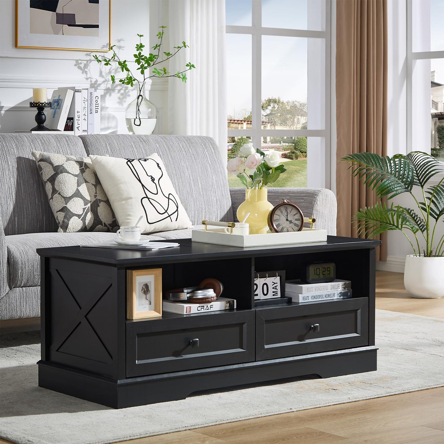 48" Farmhouse Coffee Table for Living Room, Wood Coffee Table with Storage, Rustic Rectangular Black Table Center Table with 2 Drawers for Office, Large Tabletop Dining Table for Home Living Room