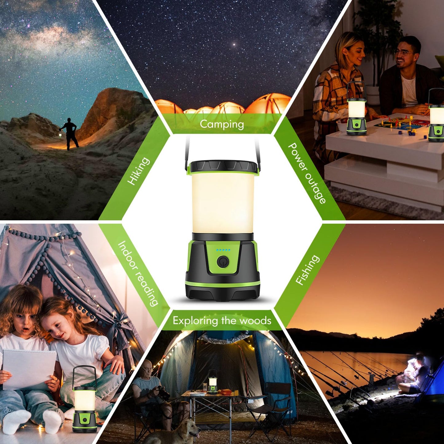 Rechargeable LED Lantern - 3000 Lumens, 5 Light Modes, IP54 Waterproof, 7500mAh Battery, Portable Flashlight for Camping, Hiking, Power Outages & Emergencie (Green)