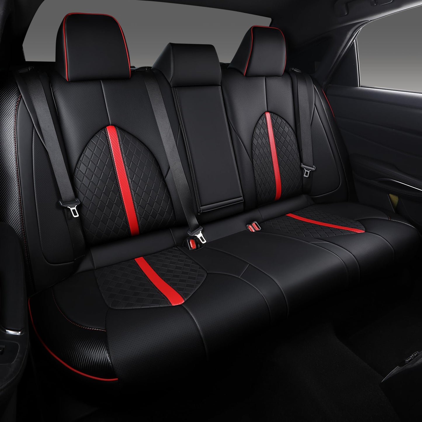 OURPLOT Custom Fit Camry Seat Covers for 2018-2024 Toyota Camry Hybrid LE SE, Waterproof Faux Leather Full Coverage Car Seat Protectors Full Set (Black+Red)