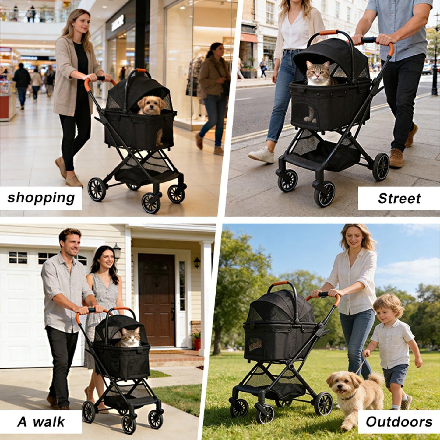Pet Stroller for Small Dogs and Cats, Detachable Dog Cat Stroller with All-Terrain Shock Absorbing Wheels, One-Click Foldable Design, Adjustable Canopy (Khaki)