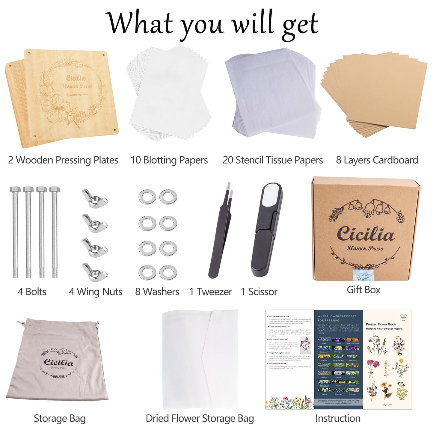 Cicilia Flower Press Kit, 9.84"x9.84" 8 Layers, Premium Wooden Pressing Boards, Crafting Kits for Adults & Kids,Great Gift, Preservation for Bookmark Frame Wedding Flower Drying