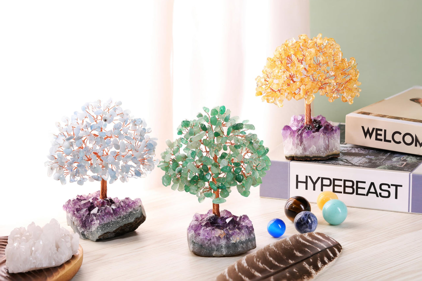 Jovivi Natural Citrine Healing Crystal Money Tree on Amethyst Cluster Geode Druzy Base Feng Shui Crystals for Home Office Desk Decorations, Wealth, Good Luck