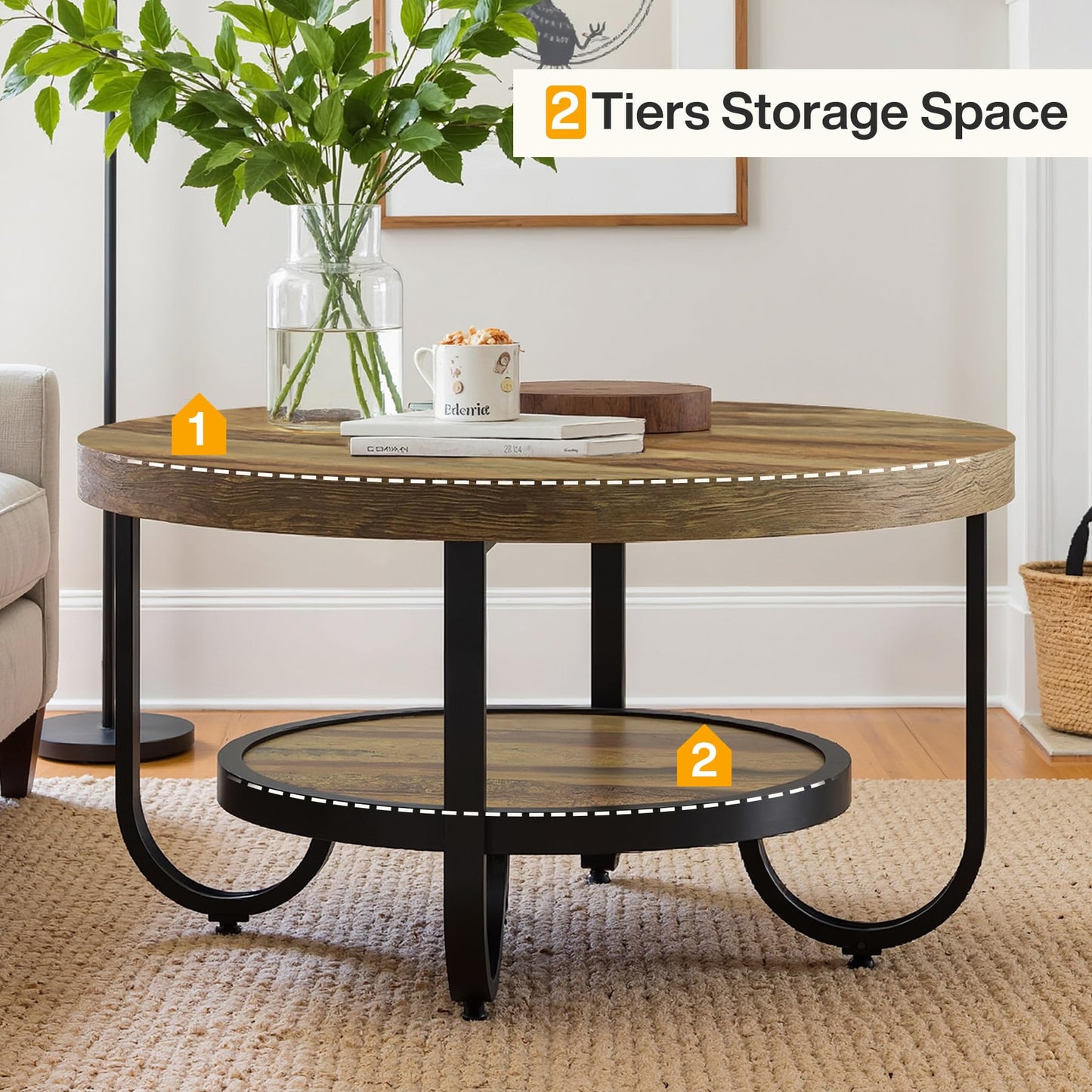 Tribesigns 2-Tier Round Coffee Table with Storage Shelf for Living Room, 31.1-Inch Center Cocktail Table with Sturdy Curved Metal Legs, Easy Assembly, Brown