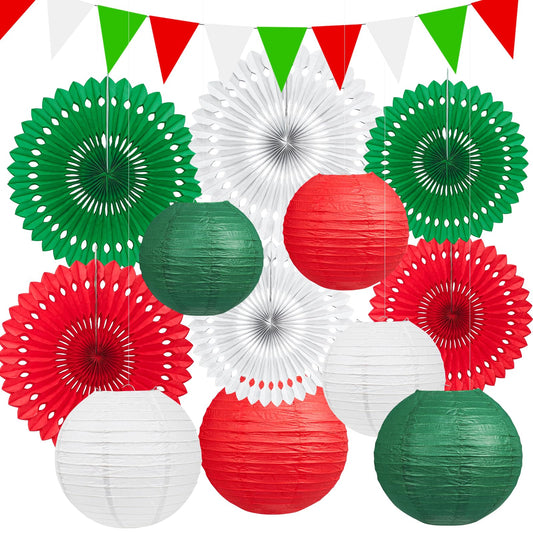 13 Pcs Red White Green Italian Party Decorations Set, Hanging Paper Lanterns & Fans, Mexican Fiesta Decor, Christmas Holiday Supplies, Reusable Eco-Friendly Party Backdrop Kit