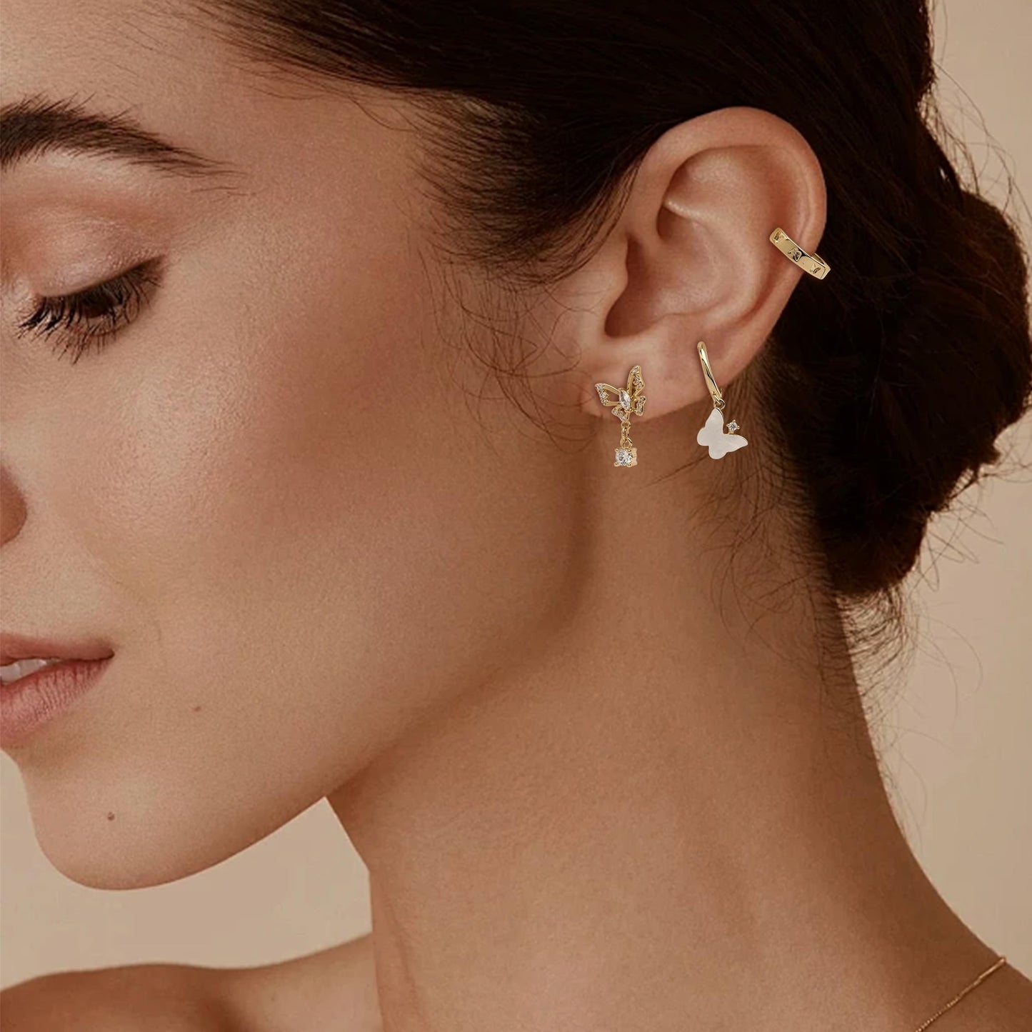 Frigotine Gold Butterfly Heart Small Hoop Stud Earrings Stack Set for Women, Dainty Sparkly Rhinestone Crystal Drop Multiple Piercing Cartilage Huggie Earing Holiday Prom Fashion Jewelry Gift