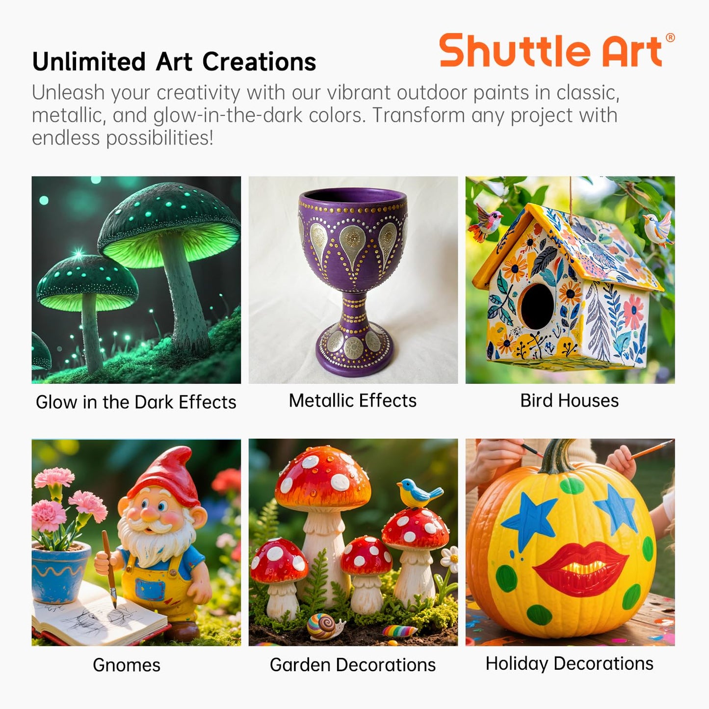Shuttle Art Outdoor Acrylic Paint Set, 36 Colors 2oz/60ml Waterproof Acrylic Paint with 10 Brushes 1 Palette, Rich Pigmented Paints for Artists, Beginners on Rocks, Wood Crafts, Garden Statues