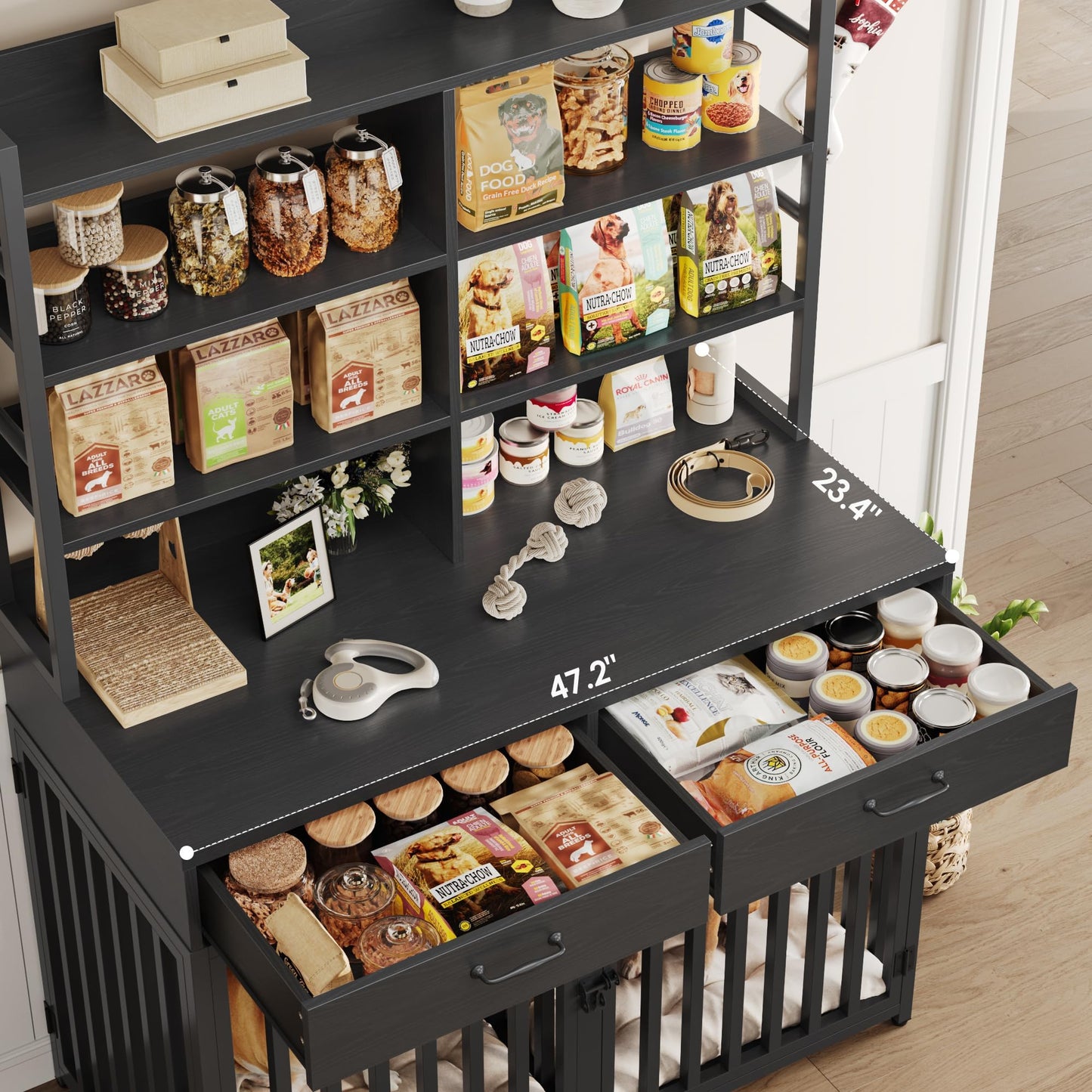 Keyluv 71''H x 47.2''W Large Dog Crate Furniture with 4-Tier Shelves and 2 Storage Drawers, Heavy Duty Dog Cage Furniture with 2 Doors, Wood & Metal Dog Kennel Indoor for Small/Medium/Large Dog, Black