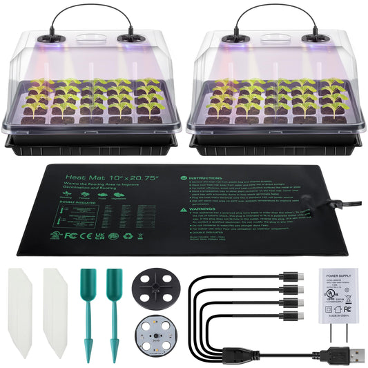 2 Sets 40 Cell Seed Starter Tray with Grow Lights and Heat Mat, Seed Starter Kit with 5.9” Humidity Dome and Vents, Indoor Plant Germination Trays, Seedling Startering Trays for Faster Germination