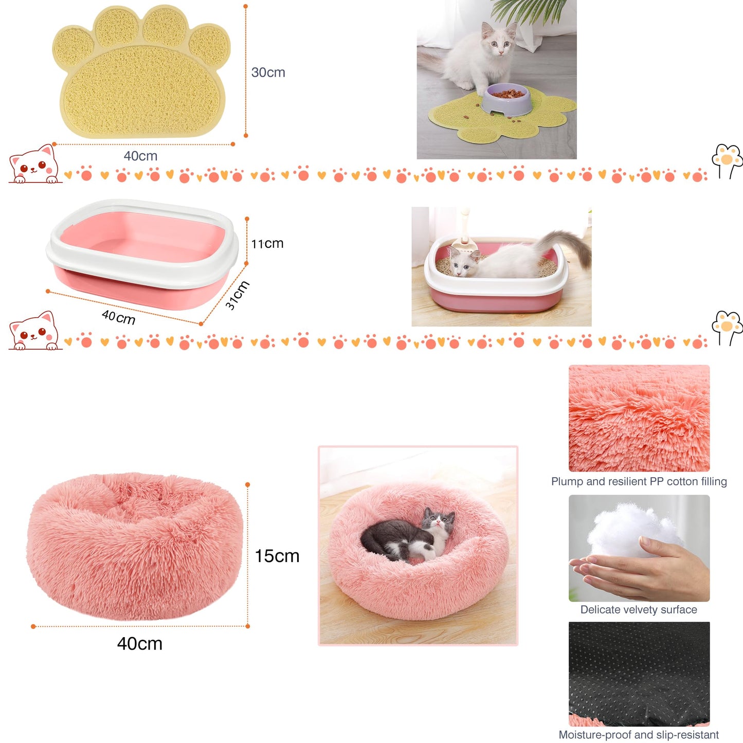 Kitten Starter Supplies Starter Kit, 20 pcs of Cat Essentials and Stuff, Including Cat Bed, Carrier, Litter Mat, Litter Box, Collar, Bowls,and Others, Perfect Choice for New Cat Owner - Pink