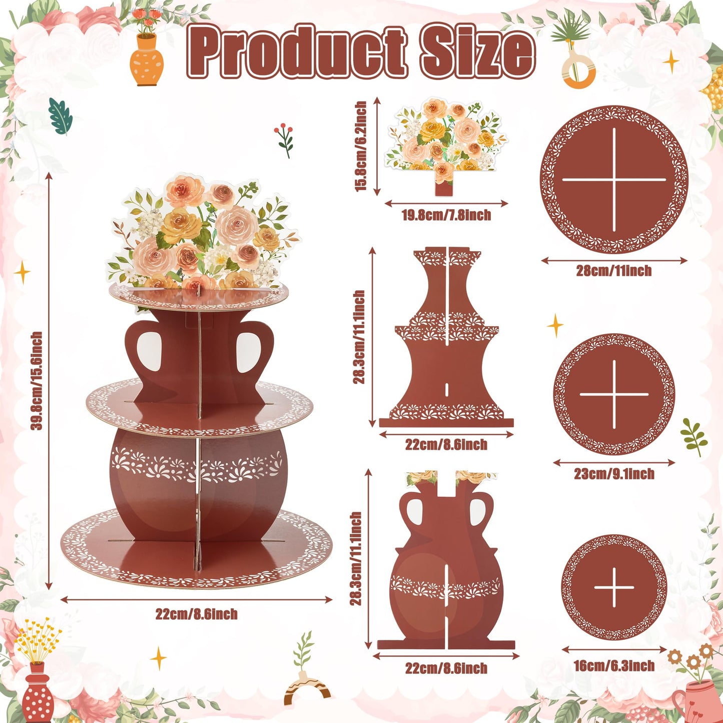 ANGOLIO De Barro Mexicanos Cupcake Stand Party Supplies - 3 Tier Mexican Flower Birthday Cupcake Tower Taco Dessert Holder Display Party Decorations for Wedding Baby Shower Birthday Fiesta (Brown)