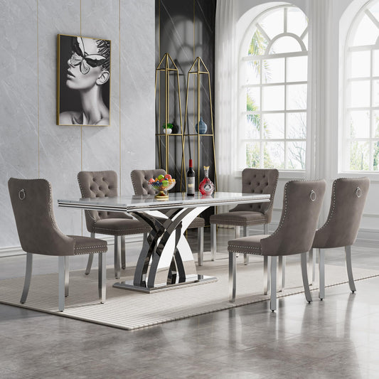 68" White Marble Dining Table Set for 6, Modern 7-Piece Faux Marble Kitchen Dining Room Table Set w/Steel X-Base & 6 Grey Velvet Dining Chairs, Luxury Silver Kitchen Table and Chairs Set of 6