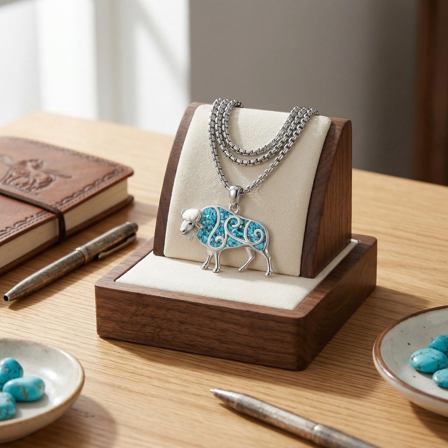 HKPATOP Buffalo Necklace 925 Sterling Silver Turquoise Bison Pendant Western Jewelry Gifts for Women Animal Lovers