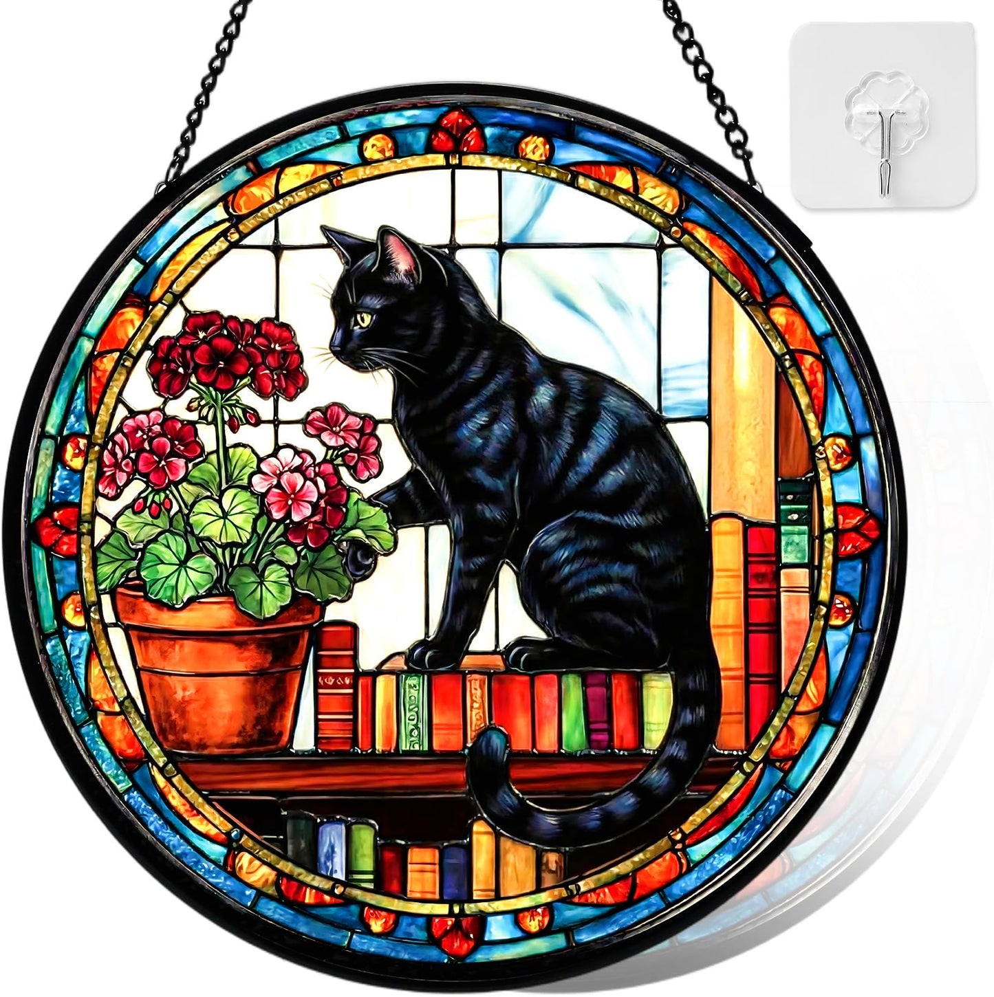 Riletese Stained Glass Window Hanging, Black Cat Themed Stained Glass Suncatcher, Window Decor, Black Cat Design Decorative Gift for Women, Couples, Best Friend, Family, Colleague, Classmate 7.8 Inch