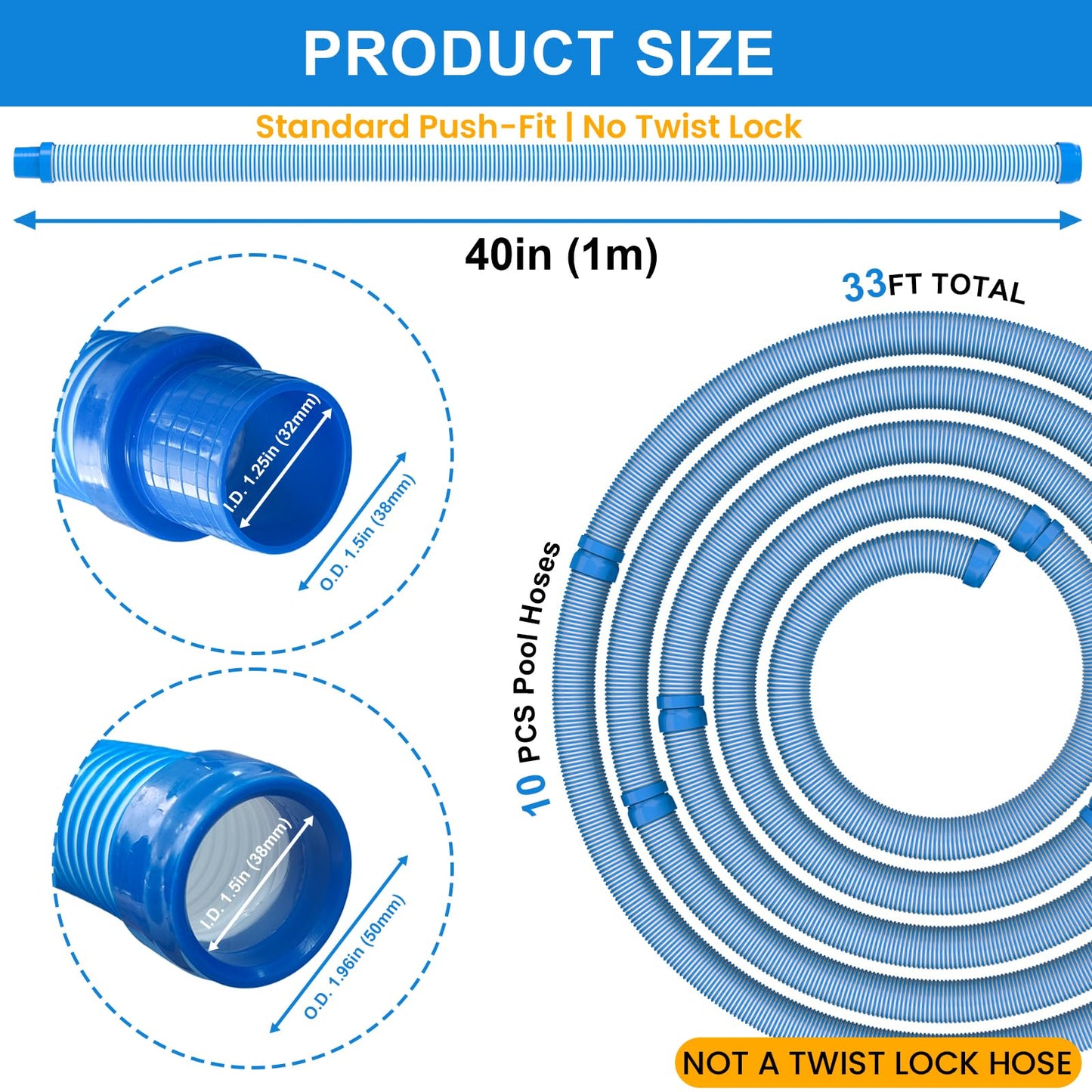 Poolvio Pool Vacuum Hose 33 Feet (10 x 40 Inch), 1.5 Inch Cuffs, Compatible with Most Inground Pool Automatic Cleaners, Blue