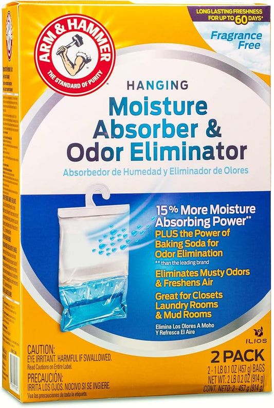 Arm & Hammer Moisture Absorber & Odor Eliminator – Fragrance Free Hanging Moisture Absorber Bag for Fresher Air, Humidity Absorber Bags for Closets & Laundry Room, 2 Pack – Packed by ILIOS