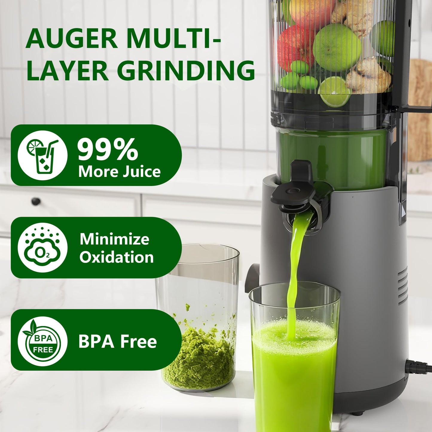 Juicer Machines, Cold Press Juicer with 5.3" Extra Large Feed Chute and Powerful AC Brushless Motor Fit Whole Fruits & Vegetable, High Juice Yield, BPA Free, Extra one Replace juicer strainer