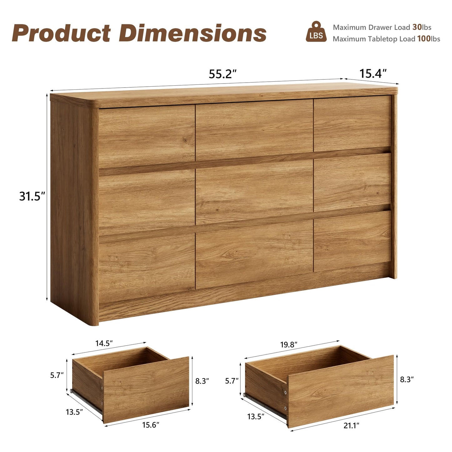 Now Mais 9 Drawer Dresser for Bedroom, Curved Edge Design Modern Dressers & Chest of Drawers, 55" Wide Nursery Dresser,9 Drawer Large Dresser for Bedroom Natural Oak