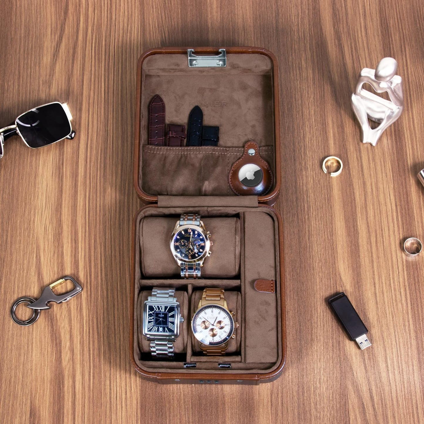 KAMIER Watch Case with Combination Lock - 4 Watch Storage and Jewelry Organizer - Watch Travel Case for Ring and Watch Storage, PU Leather Travel Watch Case, Ideal for Gift (With Gift Box), Brown