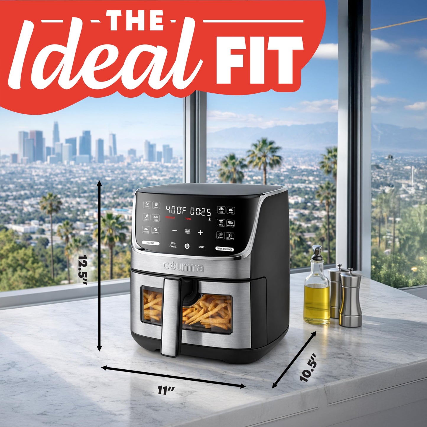 Gourmia Air Fryer - 7 Qt Large Capacity with LED Display, 12 One-Touch Presets, FryForce 360° Technology, Nonstick Dishwasher-Safe Basket & Crisper Tray, Stainless Steel